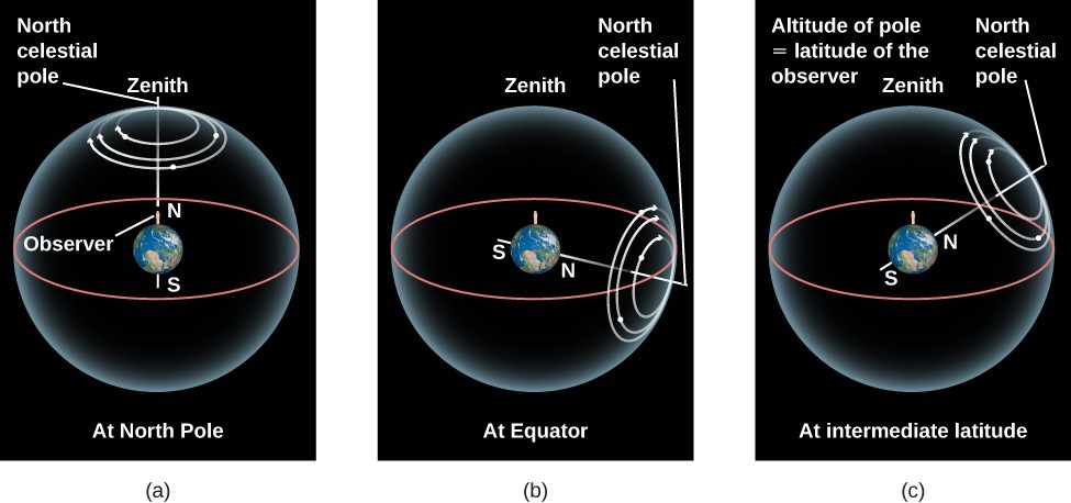 Three diagrams show the apparent motion of stars as seen by observers at different Earth latitudes. (a) At the North Pole, the North Celestial Pole is at the Zenith and stars move in circles around it, never rising or setting. (b) At the Equator, the North Celestial Pole lies on the horizon and all stars rise in the east and set in the west. (c) In the Northern Hemisphere, the North Celestial Pole is above the horizon; stars near it circle without setting, while others rise and set.