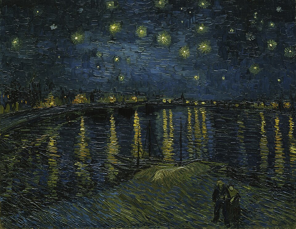 A nighttime riverside scene with a dark blue sky filled with bright yellow stars and street lamps reflected in the Rhône River.