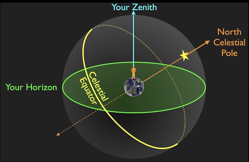 An observer stands on Earth. Your Zenith and Your Horizon are directly above and to the side. The North Celestial Pole and the Celestial Equator are tilted.