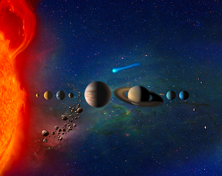 An artistic image showing the sun, planets, asteroids, a comet, and background gas and dust in space.
