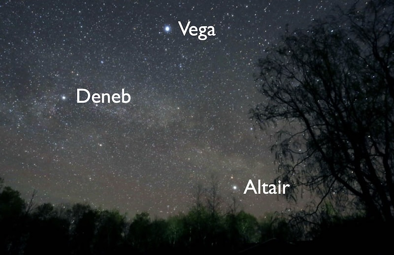 An image of the night sky, showing three bright stars