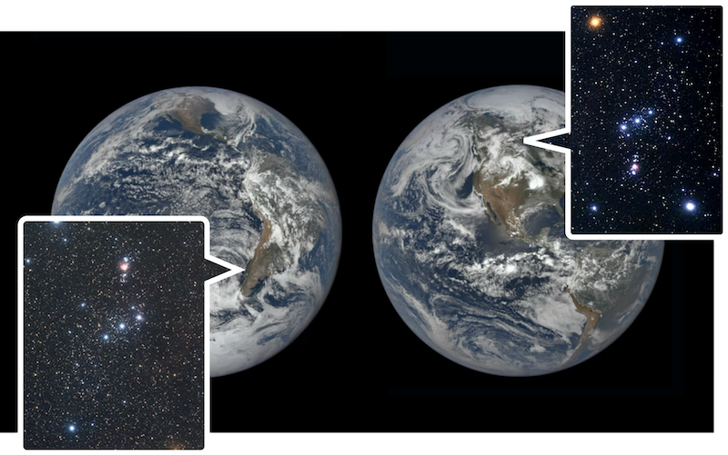 Two views of earth, one tilted to show North America, one tilted to show South America. Speeeh bubbles from each show images of the constellation Orion, but they are flipped vertically compared to each other.