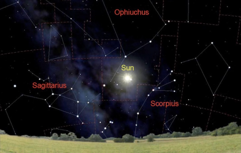 The sun in a sky with no atmosphere, in the constellation Ophiuchus